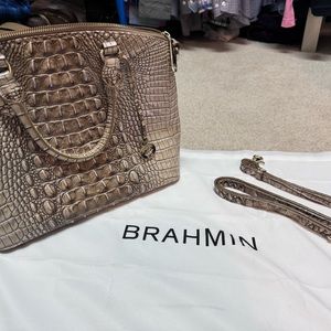 Brahmin Croc-Embossed Leather Satchel in Taupe